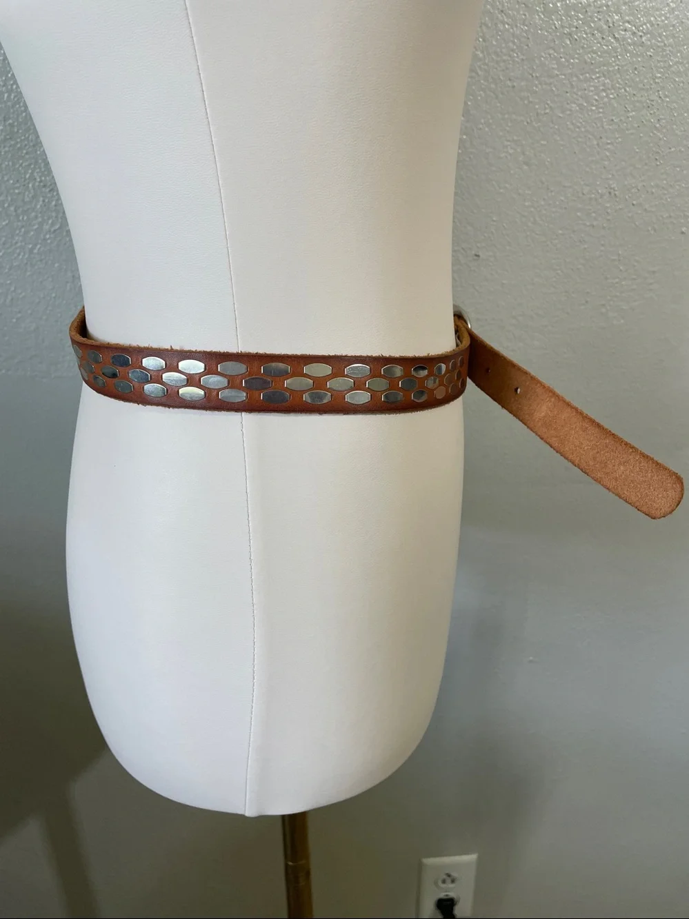 Silver Tone Studded Brown Leather Skinny Belt Large J Crew Moto Biker Casual - Picture 5 of 9